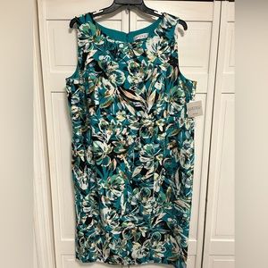 Kasper Teal, white and black Floral sleeveless sheath dress, size 24W, NWT